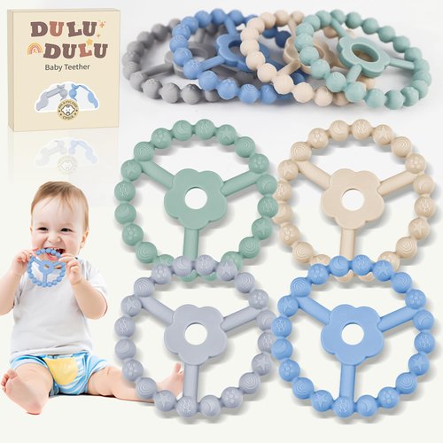 duludulu 4 Pack Silicone Teething Toys, Ring Teethers for Babies 0-6 6-12 Months Newborn Baby Teether Baby Teething Toys Relief Soothe Baby's Gums Infant Toys Gifts Baby Boys Girls Blue Green