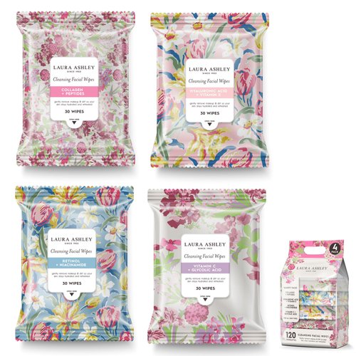 Laura Ashley 4 Pack Face Wipes for Women Cleansing Makeup Remover Wipes with Vitamin C, Retinol, Hyaluronic Acid - 120 Pcs Face Cleansing Wipes