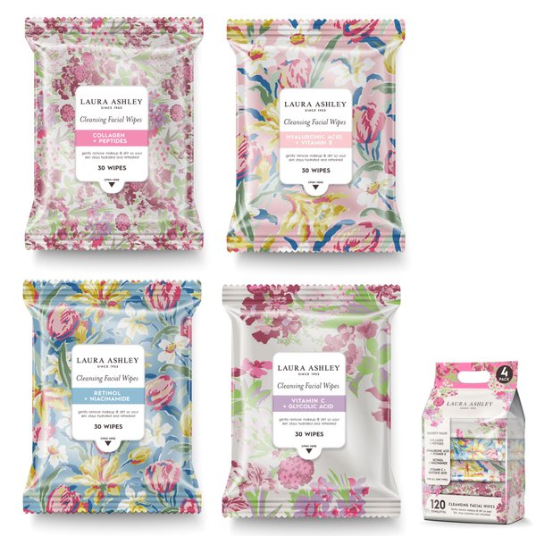 Laura Ashley 4 Pack Face Wipes for Women Cleansing Makeup Remover Wipes with Vitamin C, Retinol, Hyaluronic Acid - 120 Pcs Face Cleansing Wipes