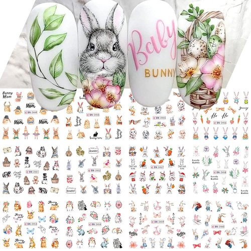 Bunny Nail Stickers Cartoon Easter Water Transfer Nail Decals Easter Rabbit Bunny Design Acrylic Nail Art Stickers Decals Holiday Nail Decoration for Women Kids Girls DIY Manicure 12 Sheets