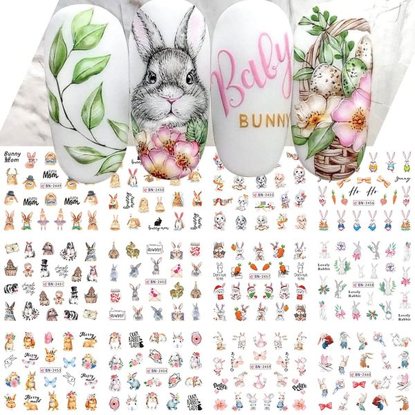Bunny Nail Stickers Cartoon Easter Water Transfer Nail Decals Easter Rabbit Bunny Design Acrylic Nail Art Stickers Decals Holiday Nail Decoration for Women Kids Girls DIY Manicure 12 Sheets