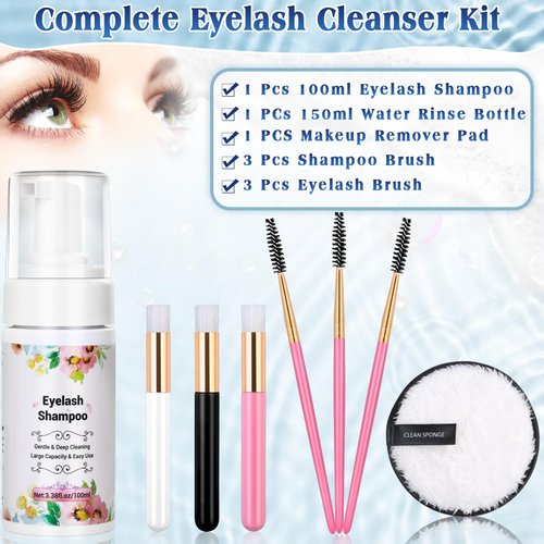 Lash Shampoo for Lash Extensions, 100ml Eyelash Extension Cleanser Kit with Rinse Bottle, Brushes, Remover Pad for Lahses & Extension Cleaning,Lash Cleanser for Extensions Kit for Beginner Home Salon