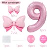 Pink Birthday Balloons Pink Bow Balloons 40 Inch Number Balloons Set for Pink Birthday Decorations 9 Year Old Girl Birthday Party Decoration Balloon Aluminum Film Balloon