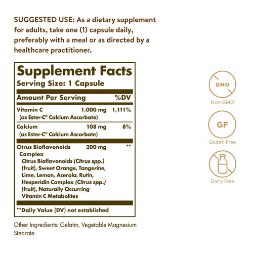 Solgar Ester-C Plus 1000 mg Vitamin C with Citrus Bioflavonoids - 50 Capsules - Gentle & Non Acidic - 24-Hour Immune Support, Supports Upper Respiratory Health - Non-GMO, Gluten Free - 50 Servings
