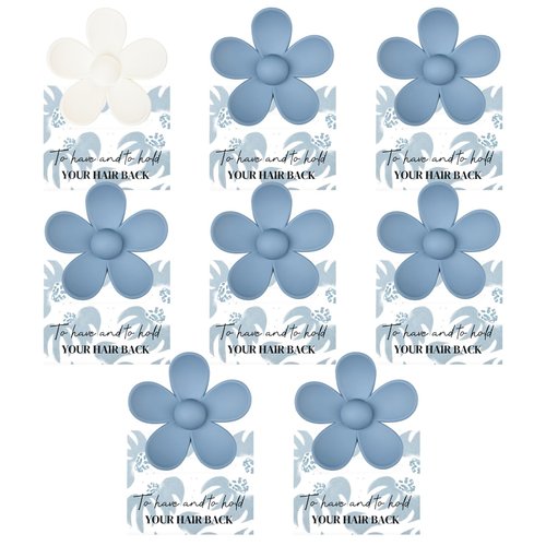 DEEKA Hair Clip, 8 Pack Flower Bridesmaid Hair Claw Clips with Floral Card, Bridal Party Gift for Bridesmaids Bachelorette Party Favors (White&Dusty Blue)