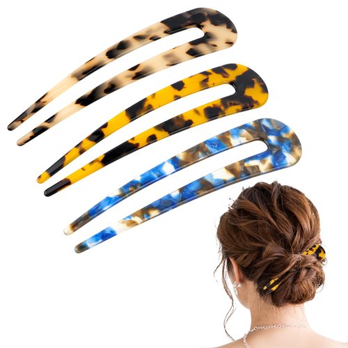 Molain 3 Pack French Hair Forks, Tortoise Shell U-Shaped Hair Pins for Thin Thick Hair Acetate Hairpins Retro Hairstyle Accessories for Women, Girls, Party, Stylist