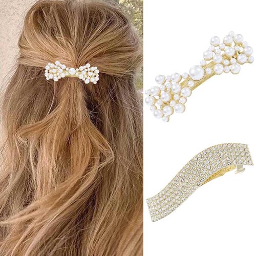 Bartosi Pearl Hair Clips Rhinestone Hair Barrettes Ponytail Holder Hair Accessories for Women and Girls (Pack of 2)