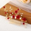 Foyte Crystal Flower Wedding Hair Comb Red Rose Headpiece Gold Hair Piece Bride Pearl Hair Accessories for Women