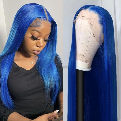 Heberac Long Blue Straight Synthetic Lace Front Wigs Glueless Pre Plucked Natural Hairline Frontal Lace Wigs Klein Blue Wigs for Fashion Women