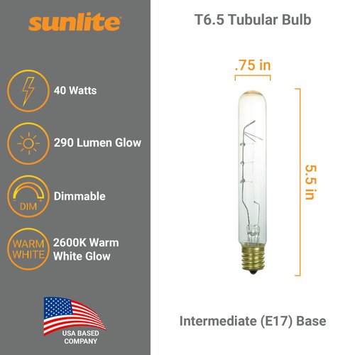 Sunlite 01990-SU Incandescent T6.5 Tubular Light Bulb, E17 Intermediate Base, 40 Watts, 290 Lumens, Dimmable, Mercury Free, 2600K Warm White, Clear Glass, 1 Count