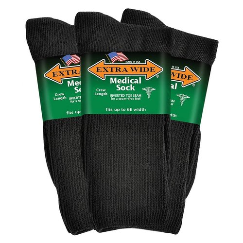 Extra Wide Medical Mid Calf Crew (Pack of 3), Diabetic Socks, Made in USA, for Men and Women (Small, Black)