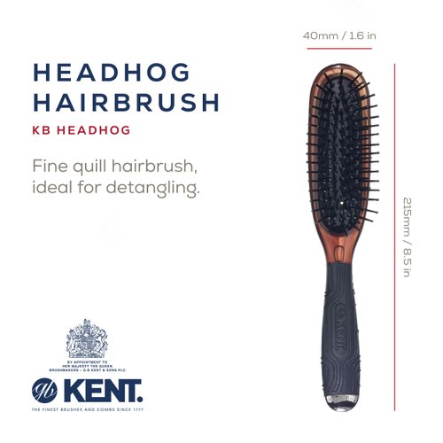 Kent KB Headhog Travel Detangling Hair Brush, Tortoise Shell, Black Rubber Cushion Detangler Brush and Scalp Brush, Firm Rounded Plastic Bristles for Women Men and Kids Everyday Care, Made in England