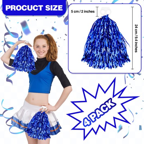 Cheerleading Pom Poms 4 Pack Cheerleader Squad Spirited Fun Pompoms Pom Poms Cheer Poms Hand Flowers Metallic Foil Pompoms for Kids Adults Sports Team Spirit Cheering Party Dance (Blue)