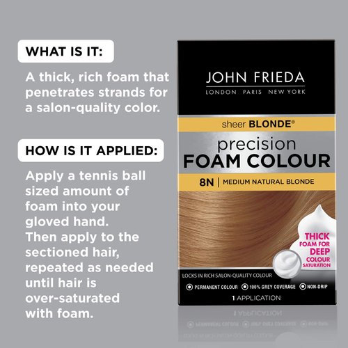 John Frieda Precision Foam Color, Medium Natural Blonde 8N, Full-coverage Hair Color Kit, with Thick Foam for Deep Color Saturation 2 Pack