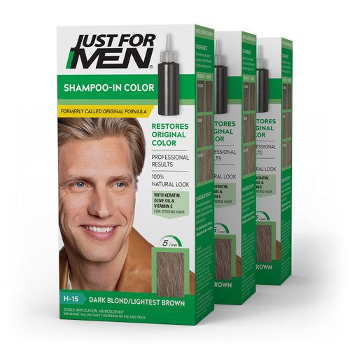 Just For Men Shampoo In Color, Hair Color for Men with Keratin and Vitamin E for Stronger Hair, Restores Natural Hair Color, Dark Blond/Lightest Brown, H-15, Pack of 3