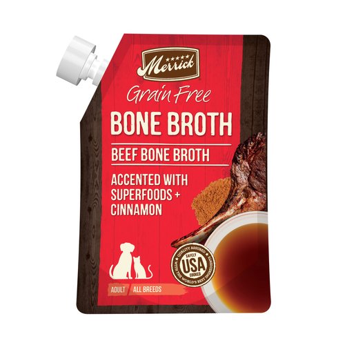 Merrick Grain Free Bone Broth, Premium Human Grade And Gluten Free Dog And Cat Food Topper Pouches, Beef - 16 oz. Pouch