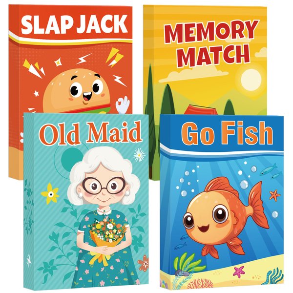 Etyishe Card Games for Kids Toddlers,Go Fish,Old Maid,Slap Jack and Memory Match,4 Decks in 1 Pack,Fun Educational Gard Games for Family Game Night Table Games,Great Easter Basket Stuffers and Gifts