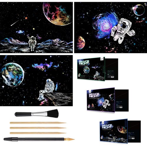 3 Pack Scratch Art Paper Set (16"x11.2") Space Series Series Creative Rainbow Sketches Engraving Craft Kit for Kids & Adults - Cosmos, Astronauts, Starry Sky Painting - 5 Tools: Drawing Pens, Brush