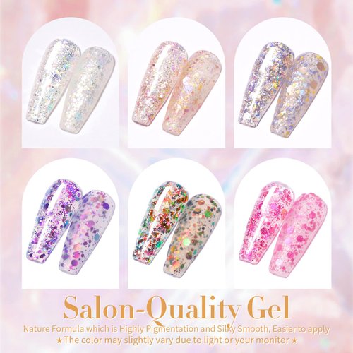 Born Pretty Glitter Sequins Gel Nail Polish Sparkly Shiny Pink Yellow Blue Green Gel Nail Polish Set Soak Off U V Nail Gel Nail Art Manicure Varnish Kit 7ML 6PCS