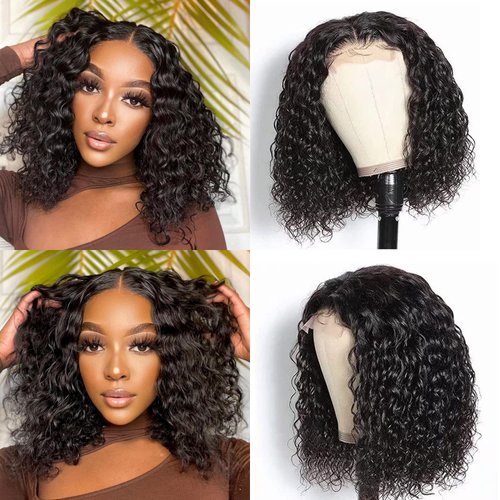 UMEGIRL Curly Bob Wigs Human Hair for Black Women 4x4 Lace Closure Wig Short Bob Wig Human Hair Water Wave Wet and Wavy Wigs Plucked with Baby Hair Natural Color 14inch