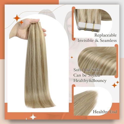 Full Shine Tape in Extensions Human Hair 18 Inch Blonde Hair Extensions Tape in Real Human Hair Color 16 Highlighted 22 Invisible Skin Weft Tape Hair Extensions 50g 20 Pcs Seamless Hair Extensions