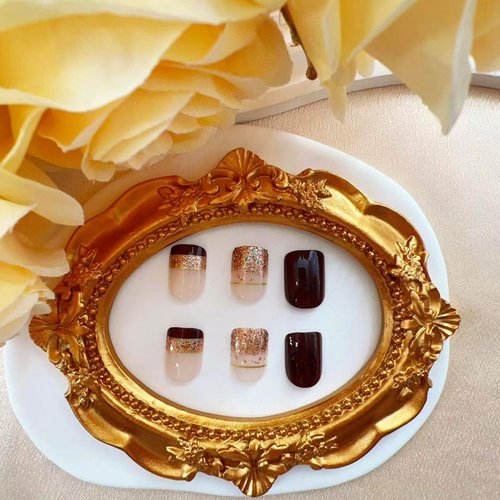 Brown Press on Nails Short Square Fake Nails with Glitter Designs Nude Brown Full Cover Glue on Nails French Acrylic Flase Nails Press ons Artificial Stick on Nails for Women Girls 24 Pcs