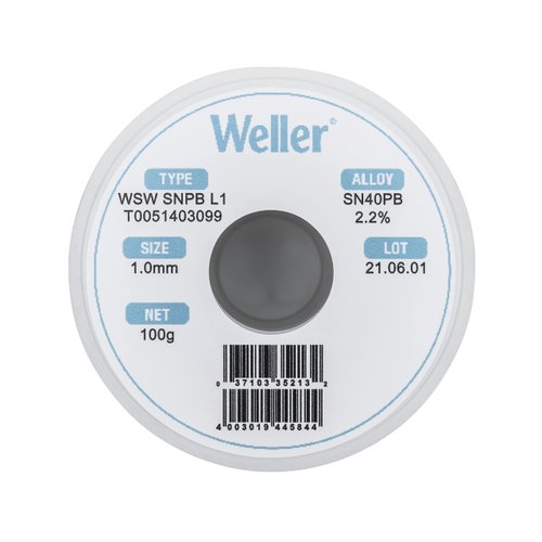 Weller WSW SnPb (T0051403099) Solder Wire, Dia: 1.0 mm / 0.039 in, Wt: 100 g / 3.527 oz, Alloy Sn60Pb40, Flux content 2.2%