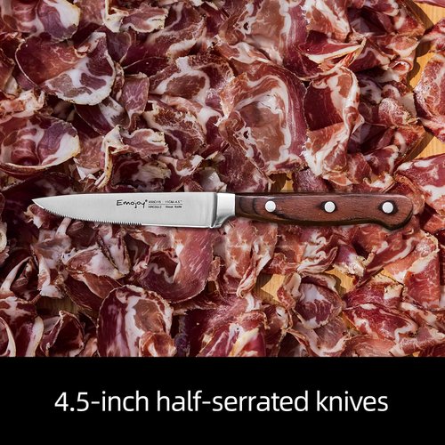 Emojoy Steak Knives, Steak Knife Set of 8, Highly Resistant and Durable German Stainless Steel Serrated Steak Knives with Gift Box