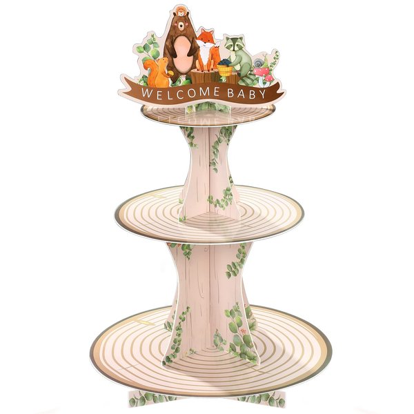 Woodland Baby Shower Decorations Woodland Cupcake Stand, 3 Tier Rustic Jungle Animal Wood Cupcake Holders Woodland Creatures Forest Lumberjack Theme Party for Boy Girl Welcome Party Supplies