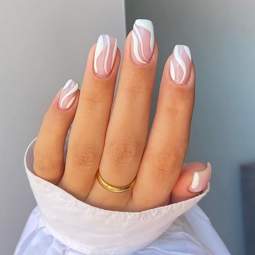 24 Pcs Press on Nails Short, Luvehandicraft Glossy Fake Nails Coffin, False Nails with Glue for Women and Girls (Pink White Swirl), 28 Piece Set