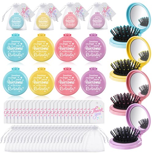 Cinnvoice 24 Pcs Christmas Inspirational Gifts Folding Travel Brushes Sometimes You Forget You're Awesome Thank You Gifts Travel Mirror Hair Brush Appreciation Gifts for Women Coworker Employee Staff