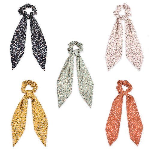 Yonchic 5-Piece Chiffon Classic Floral Bowknot Hair Ties, Elegant Hair Scarf Scrunchies Long Ribbon Ponytail Holders Head Bands, Elastic Vintage Bow Tie Hair Accessories for Ladies Women Girls