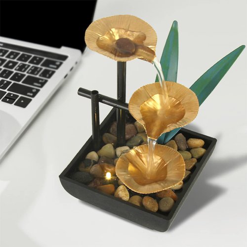 Indoor Tabletop Water Fountain, 3 Tier Lotus Leaf Desktop Fountain with ON/Off Switch and Natural River Rocks, Zen Relaxation for Office Living Room Bedroom Décor (A)