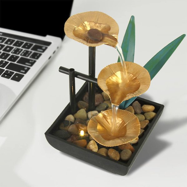 Indoor Tabletop Water Fountain, 3 Tier Lotus Leaf Desktop Fountain with ON/Off Switch and Natural River Rocks, Zen Relaxation for Office Living Room Bedroom Décor (A)