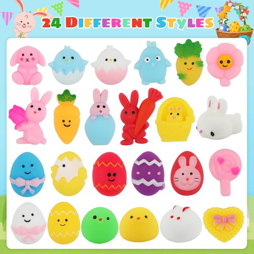 LOKIPA 24PCS Easter Mochi Squishy Toys, Easter Squishy Toys for Kids Easter Basket Stuffers Egg Fillers Gifts Party Favors