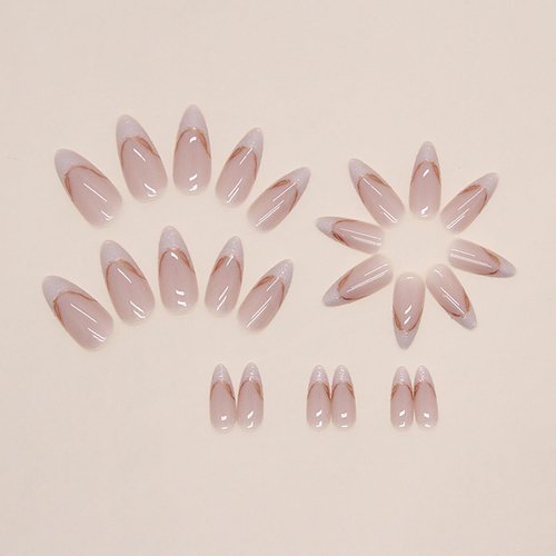Press on Nails Tip Almond Medium, Artificial Fake Nails with Gold Lines Design, Full Cover Reusable Coffin Shaped Glossy False Nails, Nude Pink French Acrylic Nails, Glue on Nails for Women Set 24Pcs