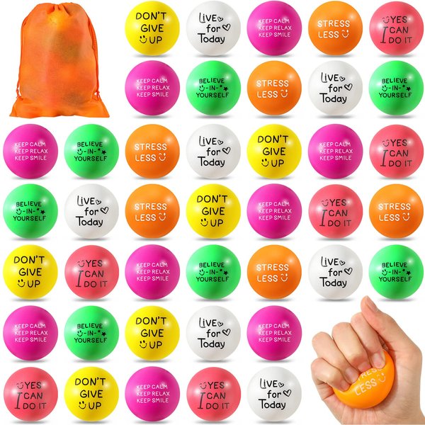 Wettarn 60 Pieces Motivational Stress Balls 1.97 Inch Inspirational Anxiety Stress Relief Balls with Quotes Encouraging Colorful Foam Balls Hand Exercise Squeeze Fidget Accessory (Bright Colors)