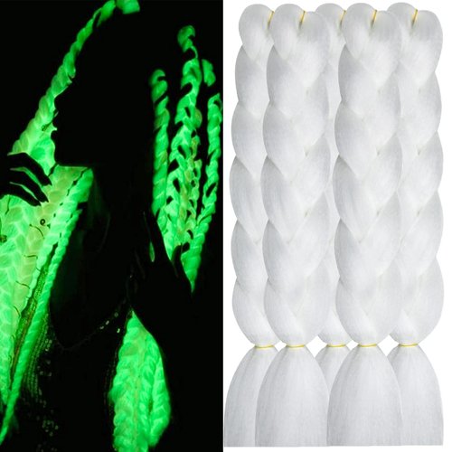White Braiding Hair Extensions Glowing Braiding Hair Box Braids Hair Shining Jumbo Braiding Hair Glow in the Dark Braids(White,5pack)
