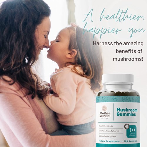 Mother Nutrient Mushroom Supplement Gummies- Pure Extract Mushrooms - Chaga, Reishi, Cordyceps & Lion's Mane - 50 Day Supply Chewable Gummies (100 pcs)