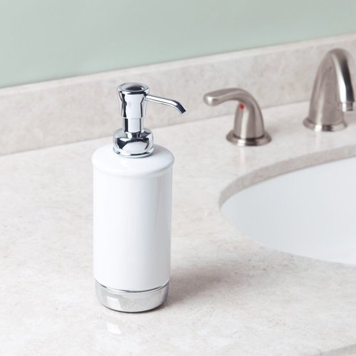 InterDesign York Ceramic Soap & Lotion Dispenser Pump, for Kitchen or Bathroom Countertops - White/Chrome