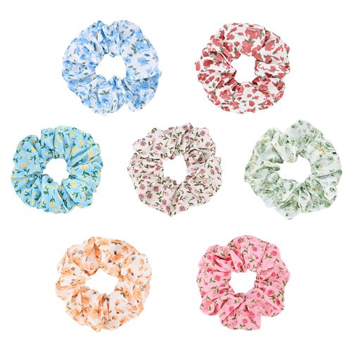 Yonchic 7-Piece Flower Colorful Chiffon Scrunchies for Women Girls, No Damage Elastic Hair Ties, Bulk Ponytail Holder Hair Bands, Fashion Rubber Band Hair Accessories for Thin Thick Hair (White Rose)