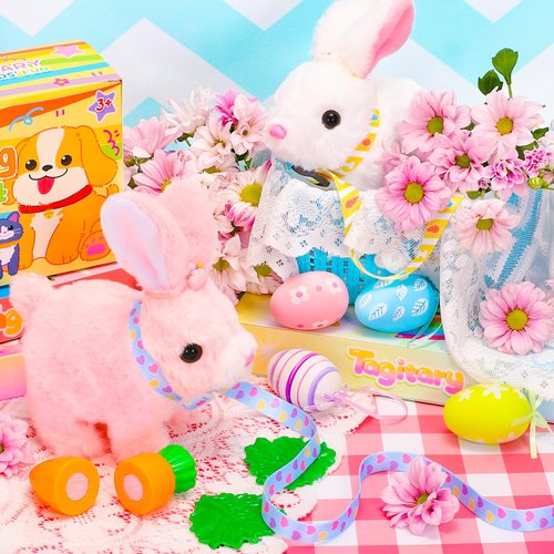 Tagitary Plush Toys Bunny Toys for Kids with Sounds,Can Walk,Wiggle Ears,Twitch Mouth and Nose,Hopping Interactive Electronic Rabbit Toys with Leash,Easter Christmas Birthday Gift for Toddlers Kids