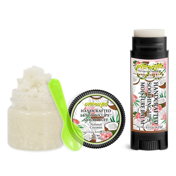 Natural Coconut Soothing & Luscious Lips by OverSoyed Exfoliator & Chapped Lip Repair Lip Care Combo | Artisan Handcrafted to Order Tropical Coconut Sweet Creamy Flavored Exfoliating Sugar Lip Scrub & Lip Moisturizer Balm Gift Set