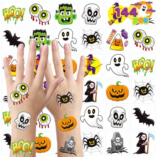 JOYIN 144 PCS Halloween Temporary Tattoos for Kids, 12 Designs Bulk Fake Tattoos Stickers for Halloween Party Favors Decorations, Supplies Trick or Treat Game Gifts Goodie Bags, Class Game Prizes