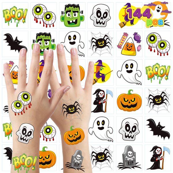 JOYIN 144 PCS Halloween Temporary Tattoos for Kids, 12 Designs Bulk Fake Tattoos Stickers for Halloween Party Favors Decorations, Supplies Trick or Treat Game Gifts Goodie Bags, Class Game Prizes