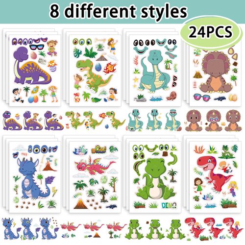 24 Sheets 8.3''×5.9'' Make Your Own Dinosaur Stickers for Toddlers Kids Party Favors, Make a Face Stickers for Kids Activities Supplies Crafts
