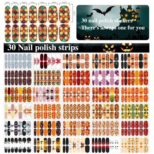 XEAOHESY 30 Sheets Maple Leaf Theme Halloween Stick On Nail Polish Strips with Nail File Nail Stickers Decals Holiday Full Nail Wraps for Women Halloween Nail Art