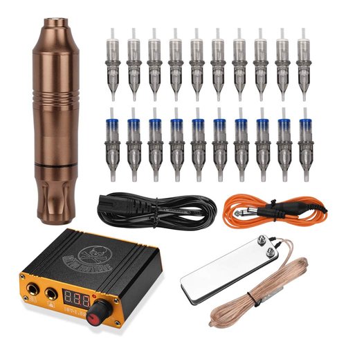Cartridge Tattoo Machine Kit, ATOMUS Pen Rotary Tattoo Machine with Power Supply 20 Mixed Cartridge Needles Foot Pedal DC Clip Cord Power Cable for Tattoo Artist Beginner (Champagne)