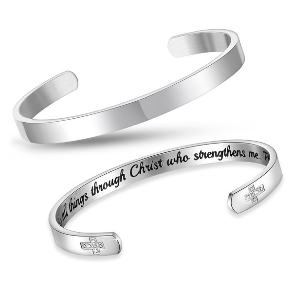 MEALGUET I Can Do All Things Through Christ Cross Bracelet for Women : Stainless Steel Engraved Bible Verse Silver Open Cuff Bangle Bracelet Faith Christian Jewelry Baptism Religious