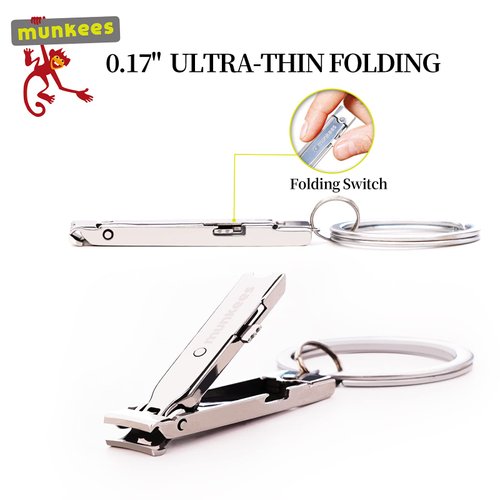 munkees Ultra-Thin Nail Clippers Keychain, Mini Foldable Nail Cutter with Key Ring, Small Portable Stainless Steel Pocket Manicure Set for Travel, Camping, & Outdoors (Silver-2pcs)